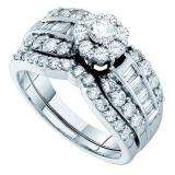 1.39 Carat (ctw) 14k White Gold Round & Baguette Cut White Diamond Ladies Bridal Engagement Ring Set
