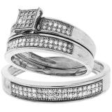 0.33 Carat (ctw) Sterling Silver Round White Diamond Men's & Women's Micro Pave Engagement Ring Trio Bridal Set