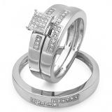 0.15 Carat (ctw) Sterling Silver Round White Diamond Men & Women's Micro Pave Engagement Ring Trio Bridal Set