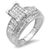 1.00 Carat (ctw) Sterling Silver Princess Round & Baguettes Cut Diamond Ladies Bridal Engagement Ring
