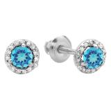 0.50 Carat (ctw) 10K White Gold Round Blue Topaz & White Diamond Ladies Halo Style Stud Earrings 1/2 CT