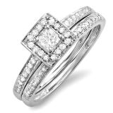 0.50 Carat (ctw) 14k White Gold Princess & Round Diamond Ladies Halo Bridal Engagement Ring Set