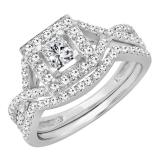 1.00 Carat (ctw) 14k White Gold Princess & Round Diamond Twist Ladies Bridal Halo Set Engagement Ring Set