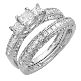 1.75 Carat (ctw) 14k White Gold Princess and Round Diamond Ladies Bridal 3 Stone Engagement Ring Matching Wedding Set 1 3/4 CT