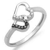 0.15 Carat (ctw) 10k White Gold Round Black and White Diamond Ladies Promise Double Heart Love Engagement Ring