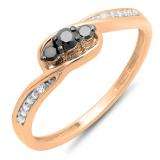 0.25 Carat (ctw) 10k Rose Gold Round Black & White Diamond Ladies 3 Stone Engagement Promise Ring 1/4 CT