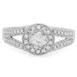 0.81 Carat (ctw) 14k White Gold Round Diamond Ladies Split Shank Halo Vintage Bridal Engagement Ring 3/4 CT