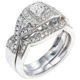 0.60 Carat (ctw) 14k White Gold Princess & Round Diamond Twist Ladies Vintage Bridal Engagement Ring Set