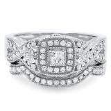 0.60 Carat (ctw) 14k White Gold Princess & Round Diamond Twist Ladies Vintage Bridal Engagement Ring Set