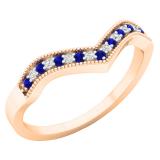 0.12 Carat (ctw) 10K Rose Gold Round Blue Sapphire & White Diamond Wedding Stackable Band Anniversary Guard Chevron Ring