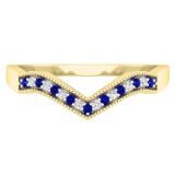 0.12 Carat (ctw) 10K Yellow Gold Round Blue Sapphire & White Diamond Wedding Stackable Band Anniversary Guard Chevron Ring