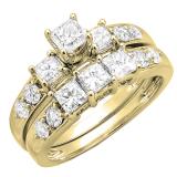 2.00 Carat (ctw) 14K Yellow Gold Princess & Round Diamond 3 Stone Ladies Engagement Bridal Ring Set Matching Band 2 CT