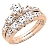 3.00 Carat (ctw) 10k Rose Gold Round White Cubic Zirconia Ladies 3 Stone Bridal Engagement Ring Matching Band Set 3 CT
