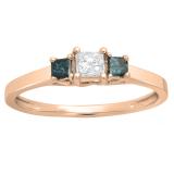0.45 Carat (ctw) 18K Rose Gold Princess Blue & White Diamond Ladies Bridal 3 Stone Engagement Ring 1/2 CT