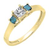0.45 Carat (ctw) 18K Yellow Gold Princess Blue & White Diamond Ladies Bridal 3 Stone Engagement Ring 1/2 CT