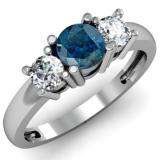 1.00 Carat (ctw) 14k White Gold Round Blue and White Diamond Ladies 3 Stone Bridal Engagement Ring 1 CT