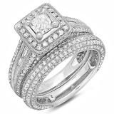 2.30 Carat (ctw) 14k White Gold Princess and Round Diamond Ladies Halo Style Bridal Engagement Ring Set With Matching Band 2 1/3 CT