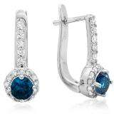 1.00 Carat (ctw) 14K White Gold Round Blue & White Diamond Ladies Fine Halo Hoop Earrings 1 CT