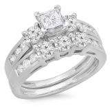 1.90 Carat (ctw) 14K White Gold Princess & Round Diamond Ladies 3 Stone Bridal Engagement Ring With Matching Band Set