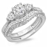 1.75 Carat (ctw) 14k White Gold Round Diamond Ladies Vintage 3 Stone Bridal Engagement Ring Set 1 3/4 CT