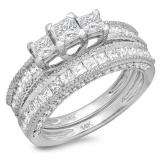 2.30 Carat (ctw) 14k White Gold Princess & Round Cut Diamond Ladies Engagement Bridal 3 Stone Ring With Matching Band Set 2 1/3 CT