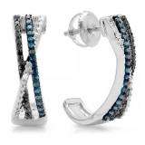 0.33 Carat (ctw) Sterling Silver Round White Blue & Black Diamond Ladies Criss Cross J Shaped Hoop Earrings 1/3 CT