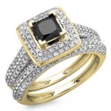 1.40 Carat (Ctw) 14K Yellow Gold Princess & Round Cut Black & White Diamond Ladies Halo Bridal Engagement Ring With Matching Band Set