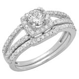 1.00 Carat (ctw) 14K White Gold Round Diamond Ladies Split Shank Halo Bridal Engagement Ring With Matching Band Set 1 CT