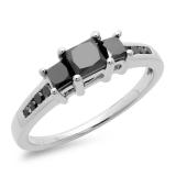1.25 Carat (ctw) Sterling Silver Princess & Round Black Diamond Ladies Bridal 3 Stone Engagement Ring 1 1/4 CT
