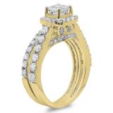 2.00 Carat (ctw) 14K Yellow Gold Princess & Round Diamond Ladies Halo Style Bridal Engagement Ring Matching Band Set 2 CT