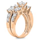 3.10 Carat (ctw) 18K Rose Gold Princess & Round Diamond Ladies Bridal 3 Stone Engagement Ring With Matching Band Set 3 1/10 CT