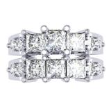 3.10 Carat (ctw) 18K White Gold Princess & Round Diamond Ladies Bridal 3 Stone Engagement Ring With Matching Band Set 3 1/10 CT