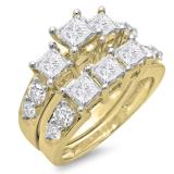 3.10 Carat (ctw) 18K Yellow Gold Princess & Round Diamond Ladies Bridal 3 Stone Engagement Ring With Matching Band Set 3 1/10 CT