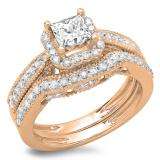 1.50 Carat (ctw) 14K Rose Gold Princess & Round Diamond Ladies Halo Style Bridal Engagement Ring With Matching Band Set 1 1/2 CT
