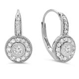 0.45 Carat (ctw) 18K White Gold Round Cut Diamond Ladies Cluster Halo Style Milgrain Drop Earrings 1/2 CT