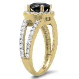2.33 Carat (ctw) 10K Yellow Gold Round Black & White Diamond Ladies Bridal Split Shank Halo Style Engagement Ring