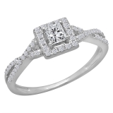 0.50 Carat (ctw) 18K White Gold Princess & Round Diamond Ladies Swirl Split Shank Bridal Halo Style Engagement Ring 1/2 CT
