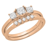 0.90 Carat (ctw) 14K Rose Gold Princess & Round Cut Diamond Ladies 3 Stone Bridal Engagement Ring With Matching 5 Stone Wedding Band Set