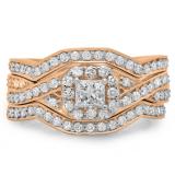 1.25 Carat (ctw) 10K Rose Gold Princess & Round Cut Diamond Ladies Swirl Split Shank Bridal Halo Engagement Ring With Matching Bands 3 pcs Set 1 1/4 CT