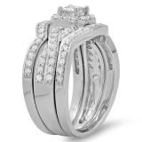 1.25 Carat (ctw) 10K White Gold Princess & Round Cut Diamond Ladies Swirl Split Shank Bridal Halo Engagement Ring With Matching Bands 3 pcs Set 1 1/4 CT