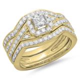 1.25 Carat (ctw) 10K Yellow Gold Princess & Round Cut Diamond Ladies Swirl Split Shank Bridal Halo Engagement Ring With Matching Bands 3 pcs Set 1 1/4 CT