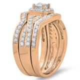 1.25 Carat (ctw) 14K Rose Gold Princess & Round Cut Diamond Ladies Swirl Split Shank Bridal Halo Engagement Ring With Matching Bands 3 pcs Set 1 1/4 CT