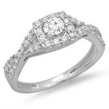 0.75 Carat (ctw) 10K White Gold Round Cut Diamond Ladies Bridal Swirl Split Shank Halo Engagement Ring 3/4 CT