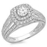 1.10 Carat (ctw) 14K White Gold Round Cut Diamond Ladies Split Shank Vintage Style Bridal Halo Engagement Ring 1 CT