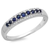 0.30 Carat (ctw) 10K White Gold Round Blue Sapphire & White Diamond Ladies Anniversary Wedding Band Stackable Ring 1/3 CT