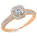 0.65 Carat (ctw) 18K Rose Gold Princess & Round Cut Diamond Ladies Bridal Halo Engagement Ring