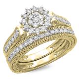 0.85 Carat (ctw) 14K Yellow Gold Round Cut Diamond Ladies Vintage Style Bridal Cluster Engagement Ring With Matching Band Set