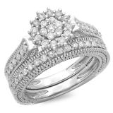 0.85 Carat (ctw) 18K White Gold Round Cut Diamond Ladies Vintage Style Bridal Cluster Engagement Ring With Matching Band Set