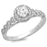 0.55 Carat (ctw) 14K White Gold Round Cut Diamond Ladies Bridal Vintage & Antique Milgrain Halo Style Engagement Ring 1/2 CT