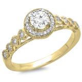 0.55 Carat (ctw) 14K Yellow Gold Round Cut Diamond Ladies Bridal Vintage & Antique Milgrain Halo Style Engagement Ring 1/2 CT